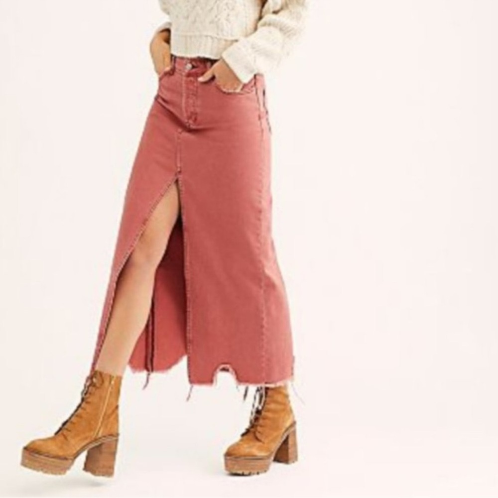 Free People Rust Pink Midi Denim Skirt with Front Slit NWOT